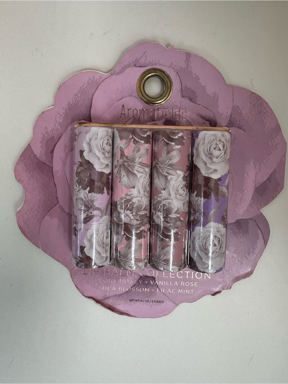 Aromafields Vanilla Rose Lilac Mint Lip Balm Set Shea Butter 0.1oz 4 Tubes Total